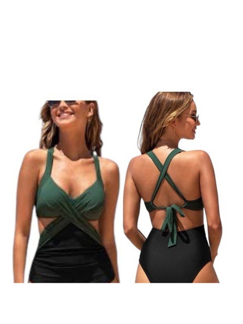 Cupshe One-Piece Swimsuit Womens Size S Black Green Colorblock Wrap Tie